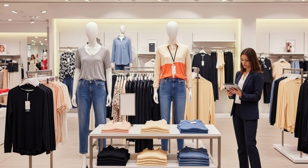 Field merchandiser inspecting a clothing store display to verify brand compliance in retail display merchandising