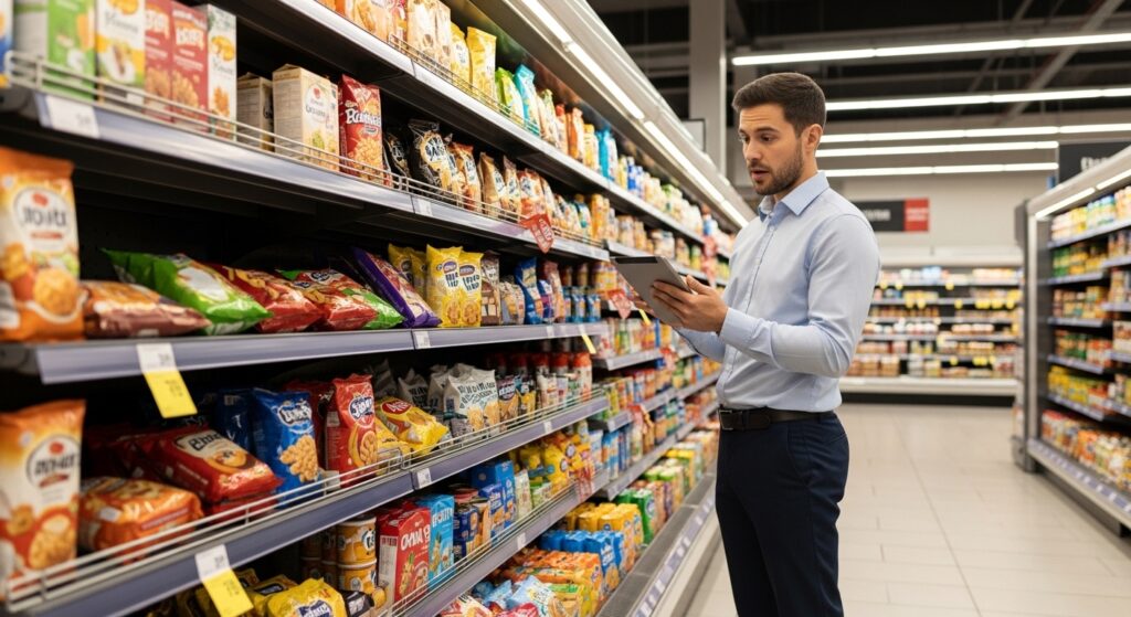 Field merchandiser checking product placement on a supermarket shelf during a retail display merchandising inspection