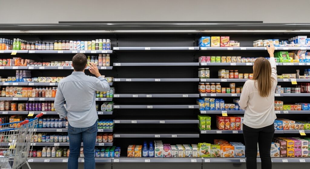 Two shoppers facing empty shelves in a grocery store illustrating a retail display merchandising out-of-stock situation