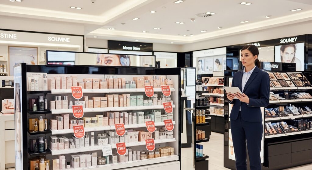 Field merchandiser inspecting a cosmetics store display to verify promotional signage as part of retail display merchandising