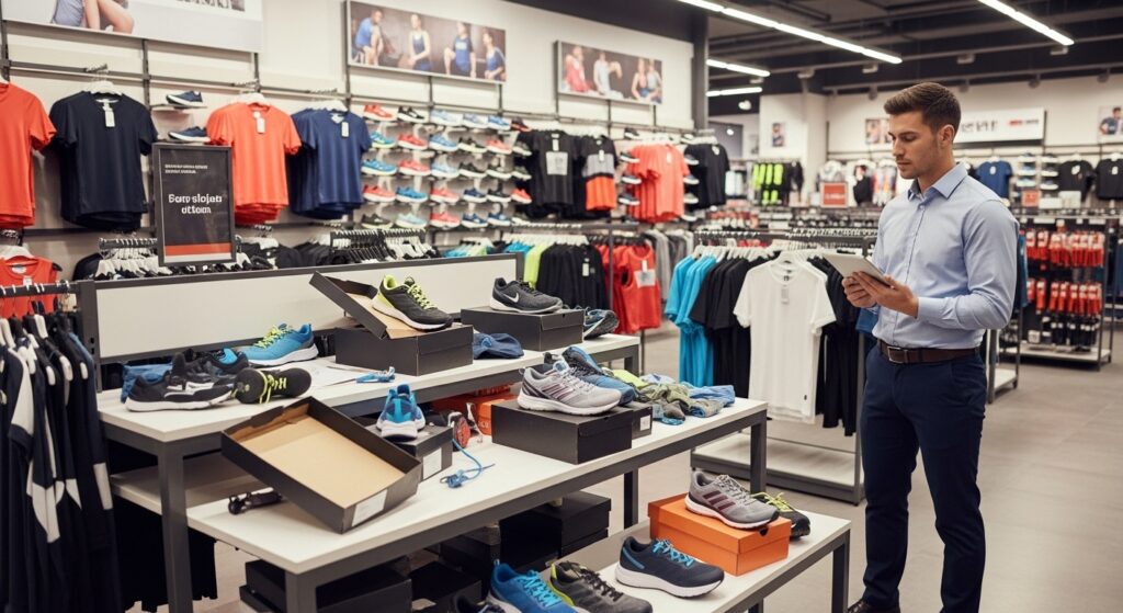 Field merchandiser inspecting a messy sports store display highlighting poor retail display merchandising maintenance