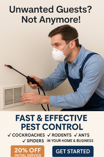 Technician wearing a mask spraying pest control treatment into a home vent, featured in a Pest Control Facebook Ad with the headline “Unwanted Guests? Not Anymore!”