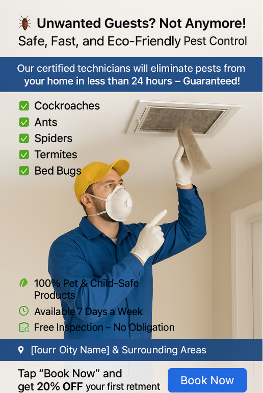 Pest Control Facebook Ad showing a technician in protective gear cleaning a home vent, with headline “Unwanted Guests? Not Anymore!” and eco-friendly pest control offer.