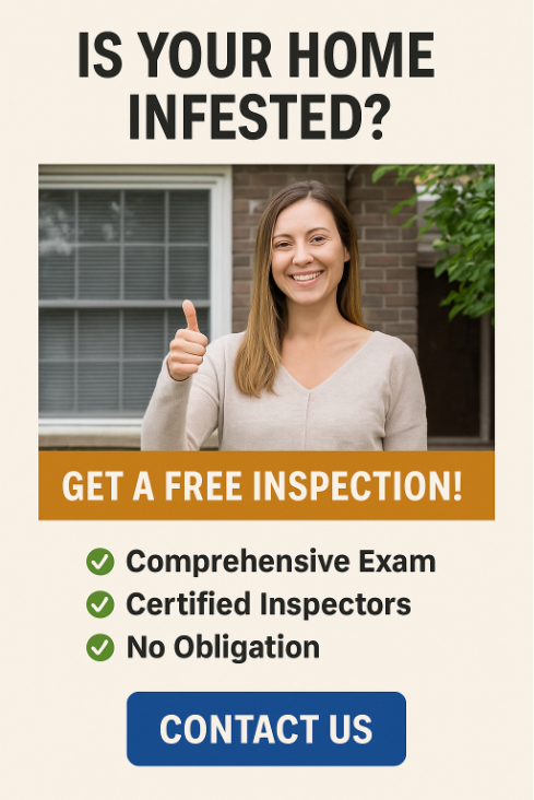 Pest Control Facebook Ad featuring a smiling homeowner giving a thumbs-up with the headline “Is Your Home Infested?” and CTA “Get a Free Inspection.”