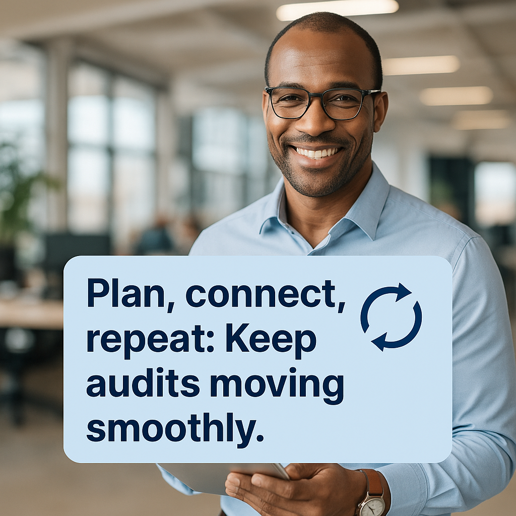 A professional holding a sign that says “Plan, connect, repeat: Keep audits moving smoothly,” representing efficient audit task management with dynamic workflows.