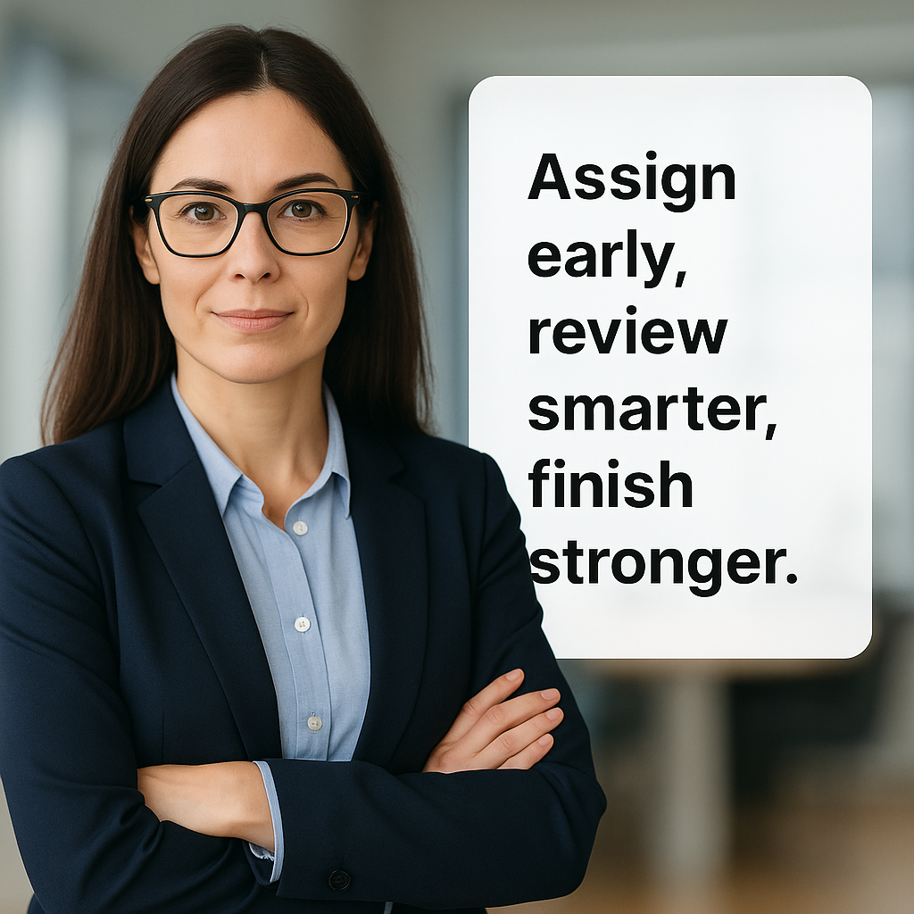 A confident businesswoman in a suit standing with folded arms, next to the text “Assign early, review smarter, finish stronger,” illustrating best practices in audit task management.