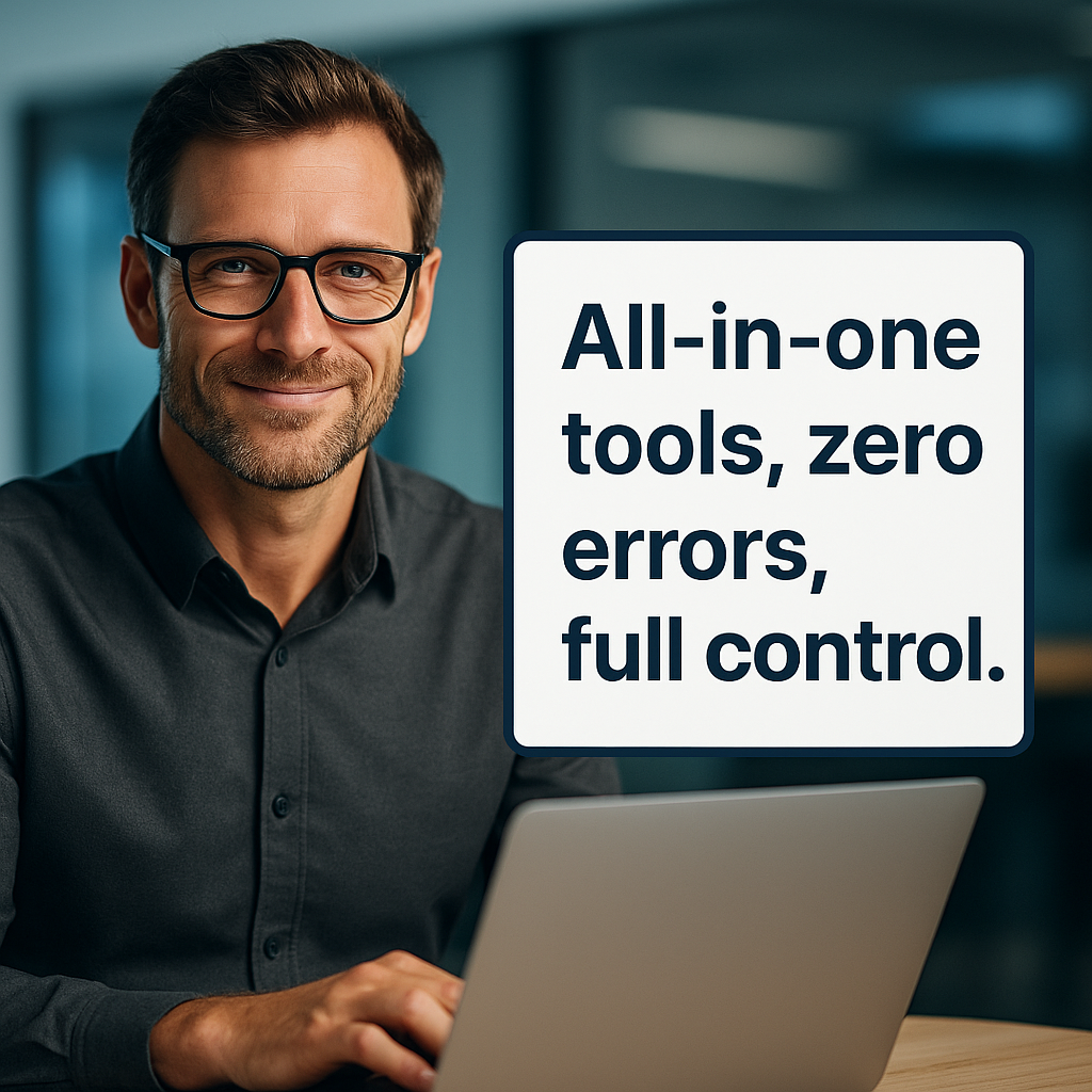 Professional man with glasses working on a laptop, next to the text “All-in-one tools, zero errors, full control,” representing integrated audit task management solutions.