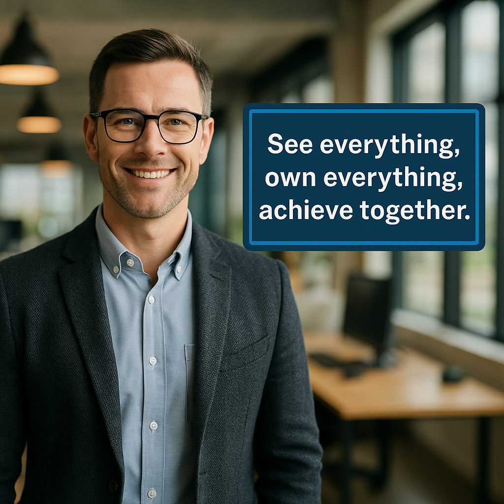 Smiling professional man in an office with the text “See everything, own everything, achieve together,” symbolizing visibility and accountability in audit task management.