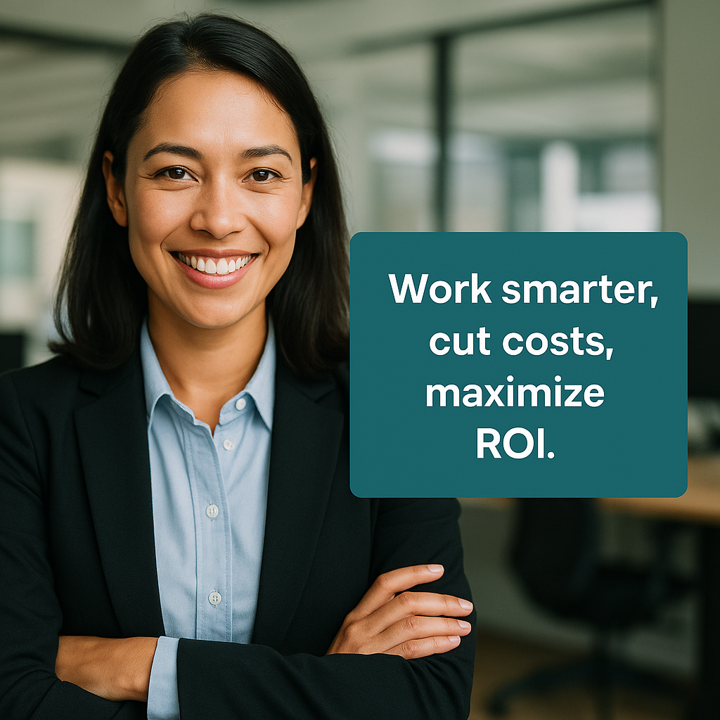 Smiling professional in business attire with the text “Work smarter, cut costs, maximize ROI,” symbolizing the financial benefits of audit task management.