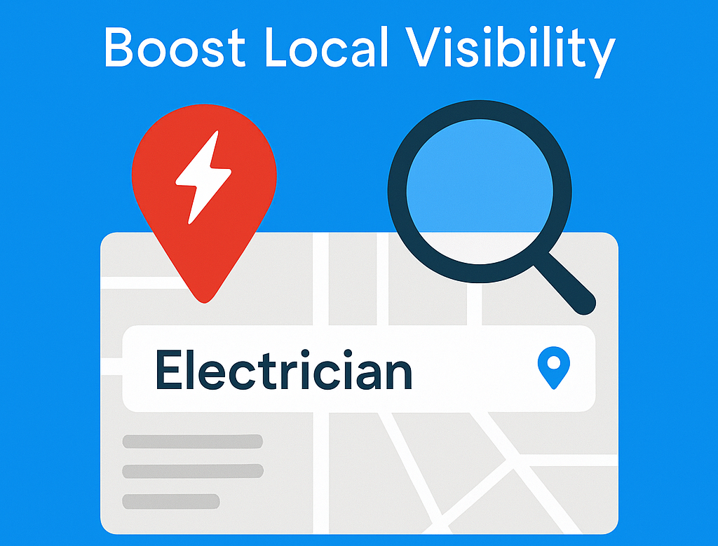 Digital graphic promoting SEO for electricians with a map, location pin, and magnifying glass.