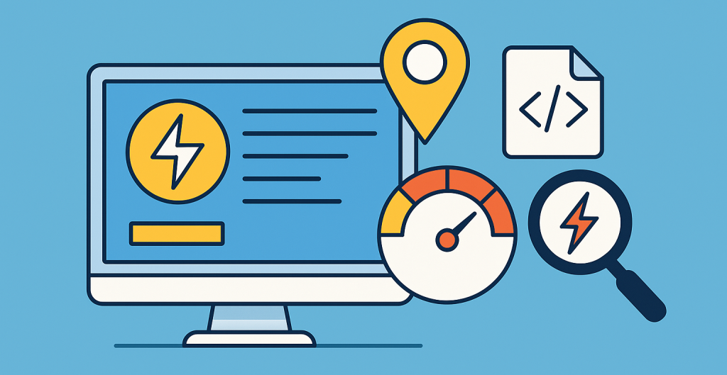 Flat digital illustration showing four key website SEO basics for electricians, designed to support SEO for Electricians, including NAP consistency, schema markup, mobile-friendly design, and keyword optimization.