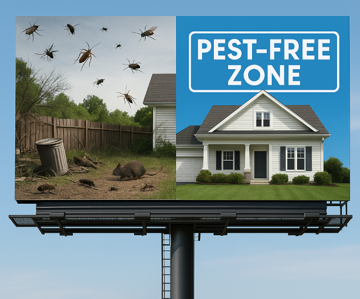 Split billboard used in pest control ads, showing a pest-infested yard on the left and a clean, pest-free home on the right with the text "PEST-FREE ZONE".
