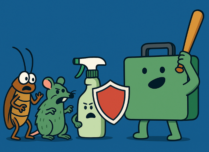 Cartoon-style illustration of pests scared of a spray bottle and a briefcase character holding a bat and shield, symbolizing pest control defense