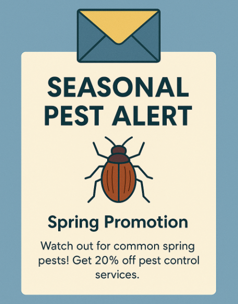 Email graphic promoting a seasonal pest alert for spring, featuring a beetle icon and 20% off pest control services