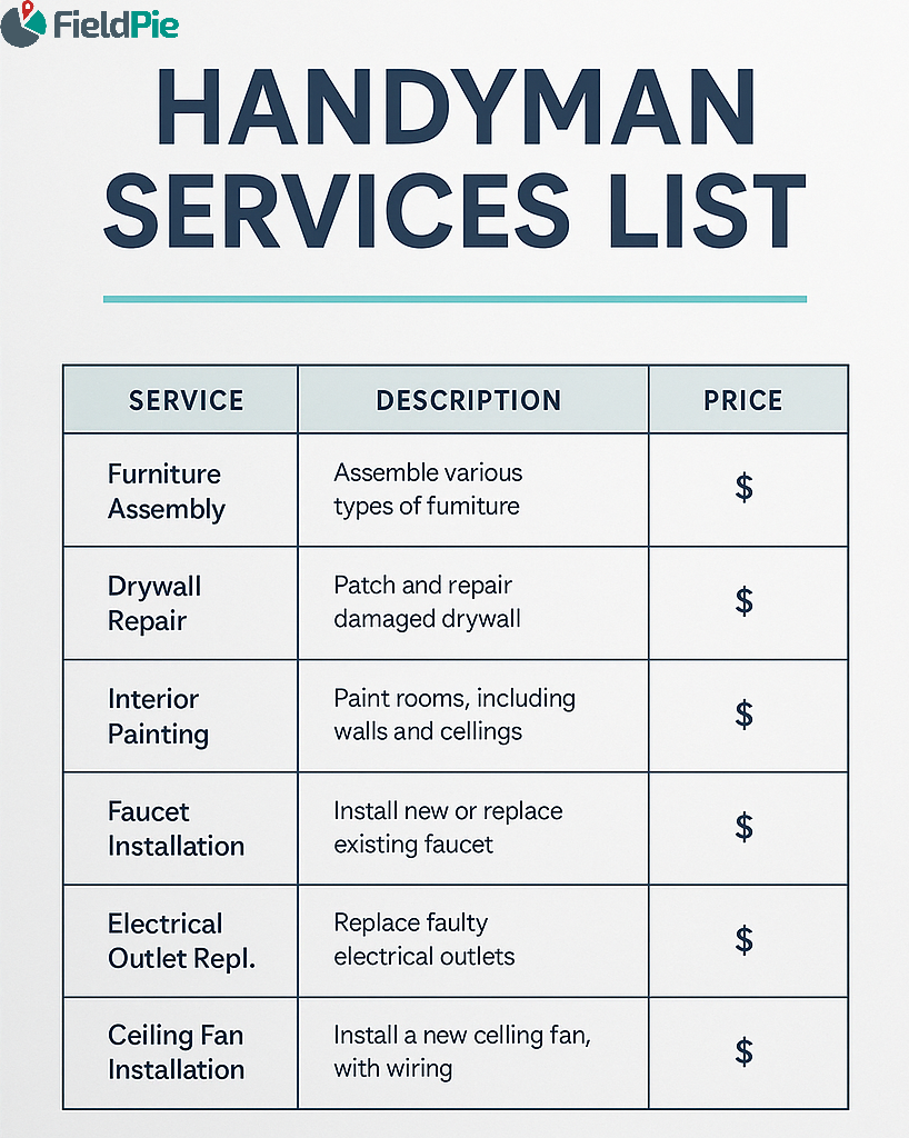 Handyman services list table showing furniture assembly, drywall repair, interior painting, faucet installation, electrical outlet replacement, and ceiling fan installation, with descriptions and pricing column.