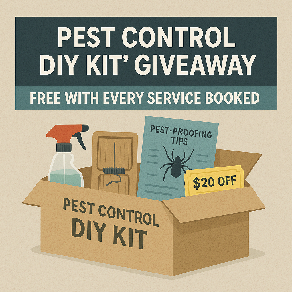 Illustration of a pest control DIY kit giveaway box including spray bottle, mouse trap, pest-proofing tips, and a $20 discount coupon