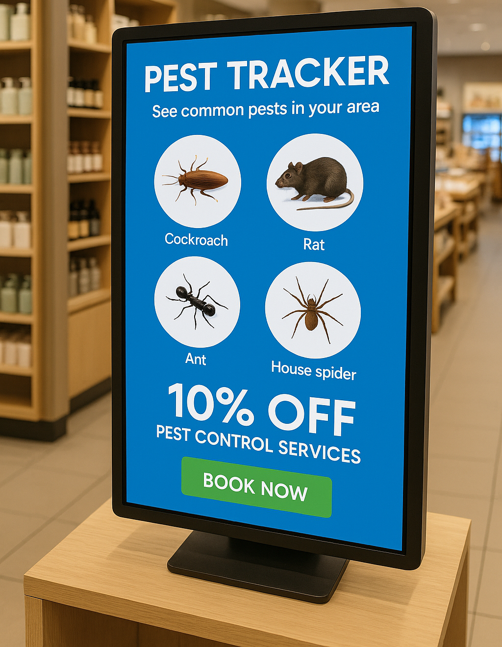Digital in-store display used in pest control ads, showing a pest tracker with images of cockroach, rat, ant, and house spider, offering 10% off pest control services.
