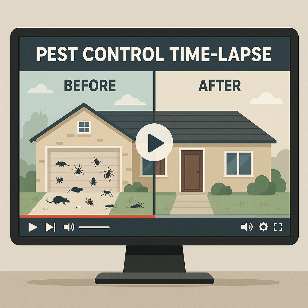 Animated time-lapse used in pest control ads, showing a house before and after treatment, with insects and rodents disappearing.