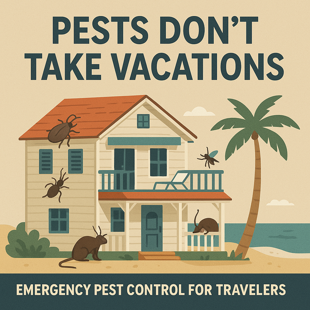 Illustration of a beach house infested with pests like rats and bugs under the headline “Pests Don’t Take Vacations”
