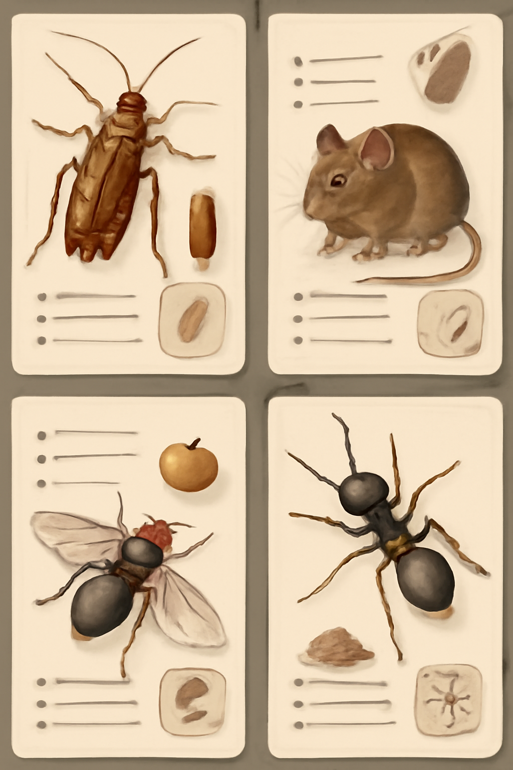 Illustrated pest identification cards showing a cockroach, mouse, fly, and ant with icons and characteristic traits