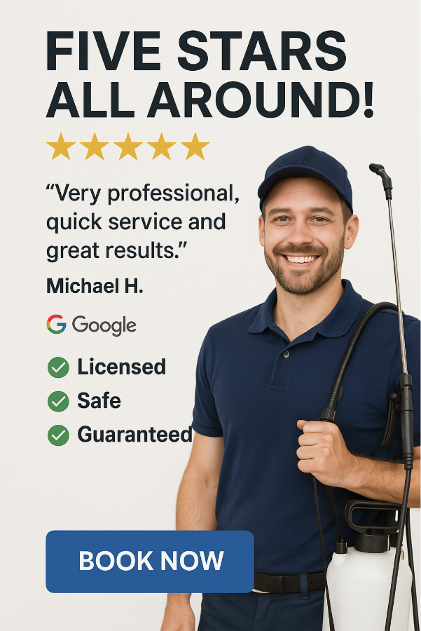 Smiling pest control technician holding equipment next to a five-star customer review used in a Pest Control Facebook Ad.