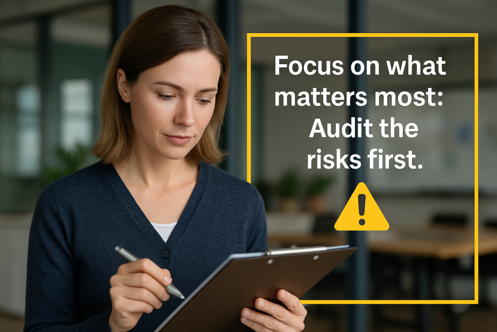 A woman reviewing documents on a clipboard with the text “Focus on what matters most: Audit the risks first,” symbolizing risk-based audit task management.