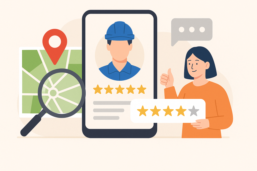 2D digital illustration showing how customer reviews improve local SEO for electricians, highlighting trust, visibility, and higher rankings.