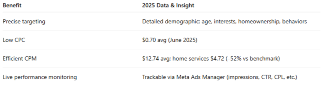 Comparison table showing 2025 data and insights for Pest Control Facebook Ads, including targeting, CPC, CPM, and live performance monitoring.
