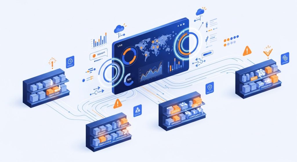 A futuristic retail analytics illustration showing a central real-time dashboard connected to multiple store shelves, displaying alerts, KPIs, charts, and data signals to represent instant store insights and automated retail execution.