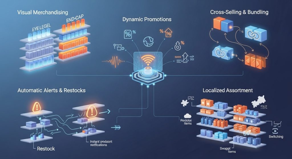 An infographic illustrating smart merchandising tactics including visual merchandising, dynamic promotions, cross-selling and bundling, automated alerts and restocks, and localized assortment, shown through stylized retail shelves, glowing icons, and connected data elements.