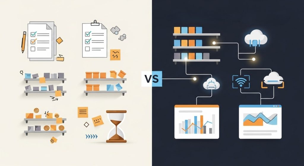 A split-screen illustration comparing traditional merchandising challenges with modern smart merchandising. The left side shows messy shelves, paper checklists, sticky notes, and an hourglass symbolizing delays. The right side shows organized shelves, cloud-connected systems, and data dashboards representing real-time, automated merchandising.