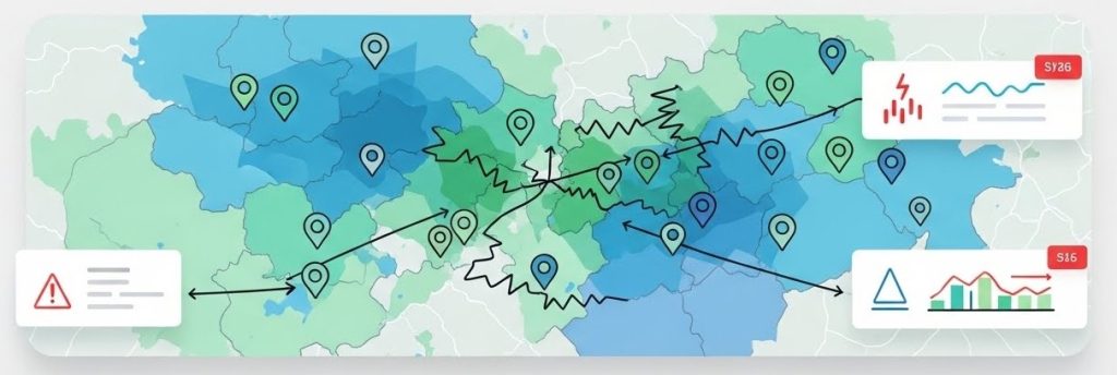 Map visualization showing disorganized sales territories with overlapping routes, scattered location pins, and warning indicators representing inefficient territory planning.