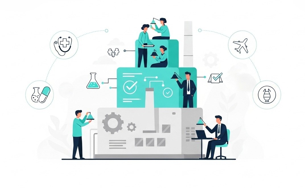 Katmanlı Süreç Denetimi (LPA) yapısını temsil eden illüstrasyon: farklı yönetim katmanlarında çalışan kişiler, üretim tesisinde süreçleri denetlerken; çevrede sağlık, ilaç, enerji ve havacılık sektörlerini simgeleyen minimalist ikonlar bulunuyor.