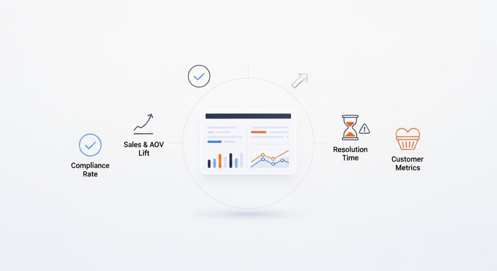 A minimal infographic showing a central analytics dashboard surrounded by simple icons representing key smart merchandising ROI metrics: compliance rate, sales and AOV lift, resolution time, and customer metrics.