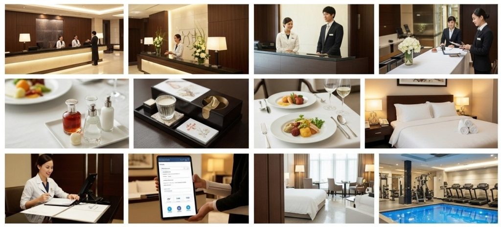 Hotel staff interacting with guests, preparing documents, serving food, inspecting rooms, and showcasing amenities such as dining areas, guestrooms, and a gym—representing key areas evaluated during a hotel quality or mystery audit.