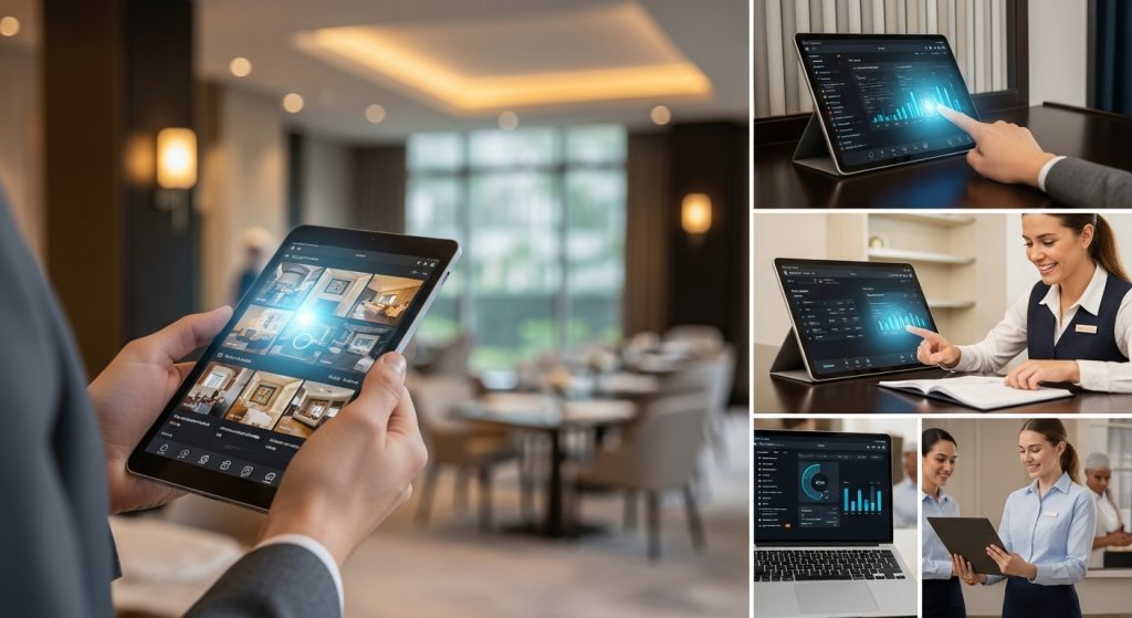 Hotel staff and auditors using digital tablets and laptops to record evaluations, view analytics dashboards, and streamline the hotel audit process in real time.