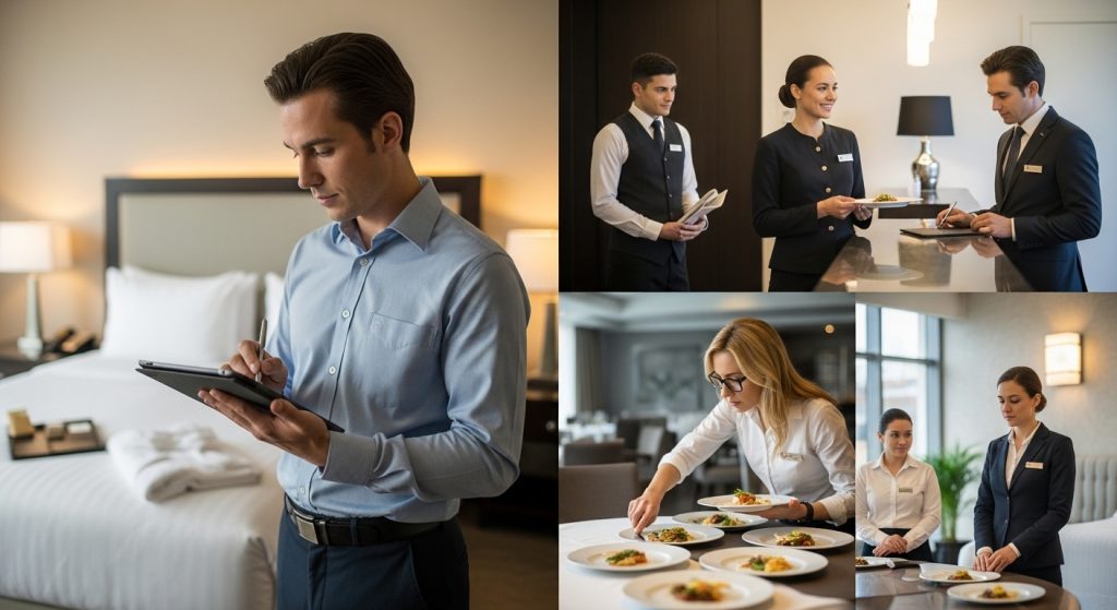 Hotel auditor evaluating service quality through room inspection, staff interactions, and dining checks during a mystery audit process.