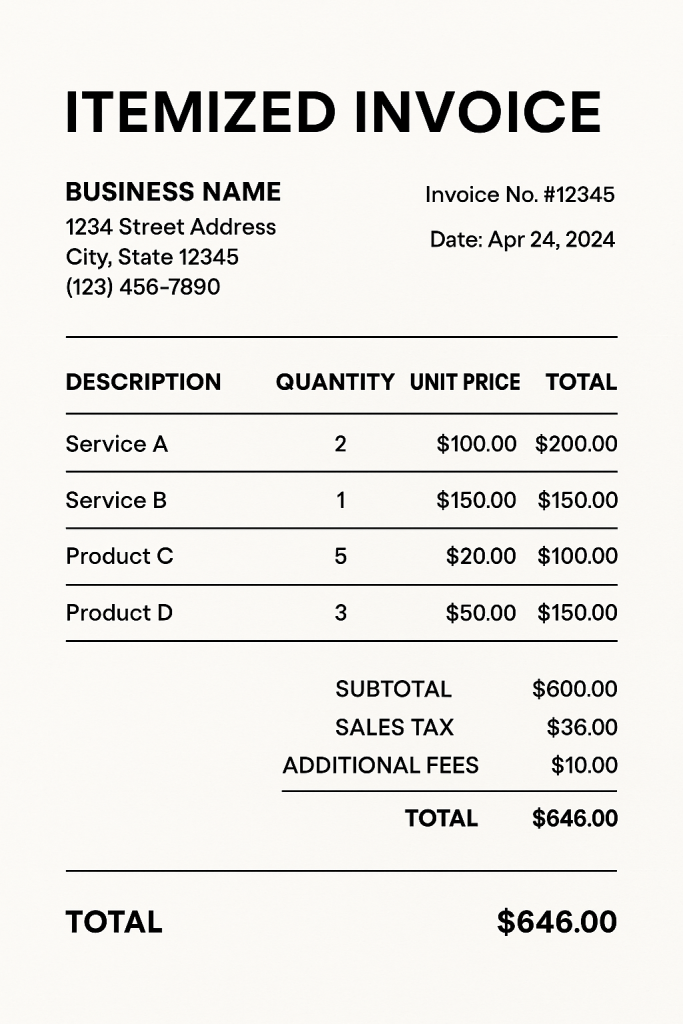 Itemized invoice example with detailed breakdown of products and services