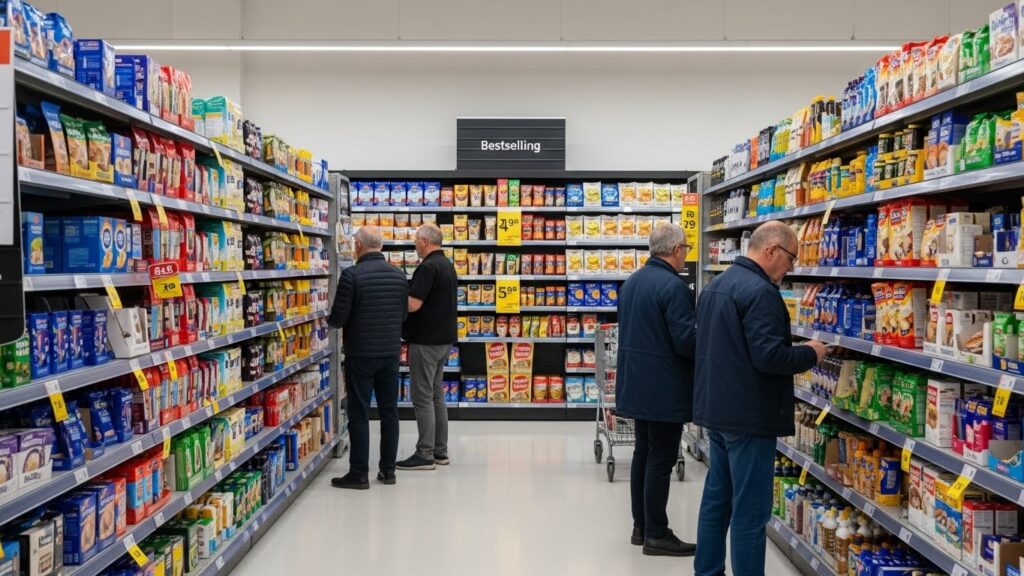 Shoppers browsing a supermarket aisle with a prominent end-of-aisle retail display showcasing bestselling packaged products.