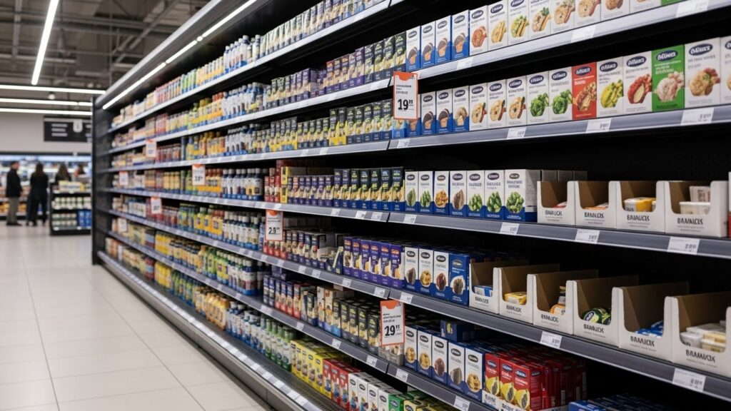 Shelf-ready retail display integrated into supermarket shelving, showing products placed directly on shelves in their original packaging for fast restocking.