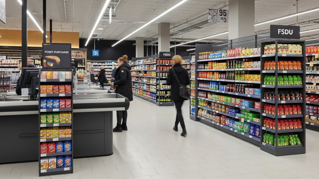 A supermarket interior featuring both a point-of-purchase retail display at the checkout and freestanding retail display units positioned along the aisle.