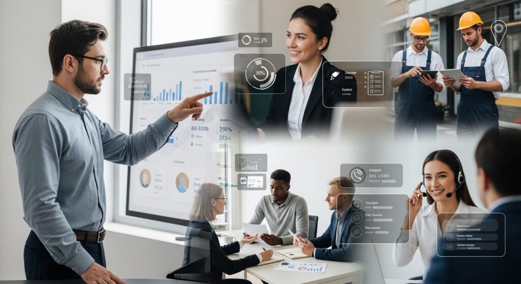 Farklı departmanların KPI takibi yaptığı, satış, insan kaynakları ve saha ekiplerinin performans verilerini analiz ettiği iş ortamı