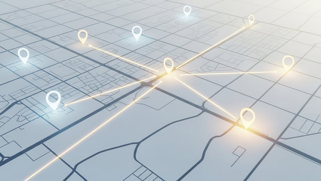 Bright city map with connected location pins illustrating route expansion and new customer acquisition in outside sales.