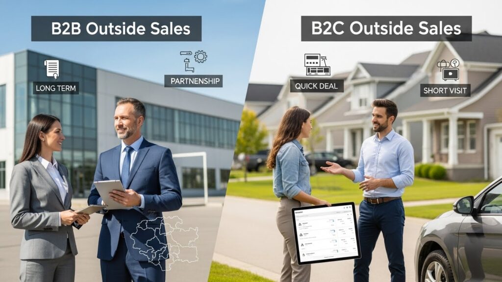 Comparison of B2B and B2C outside sales, showing a business sales meeting versus a residential door-to-door sales interaction.