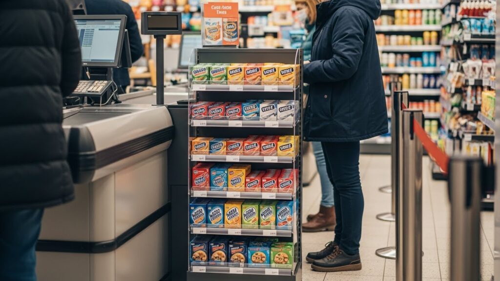 A compact point-of-purchase retail display positioned next to a supermarket checkout, featuring small packaged snacks for last-minute purchases.