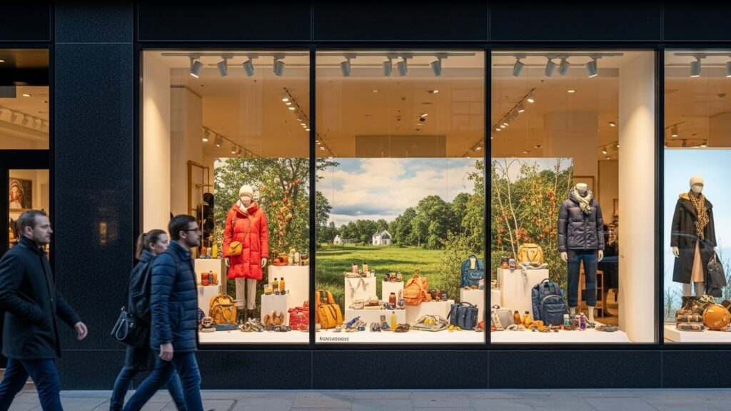 A themed window retail display showcasing seasonal clothing and accessories, designed to attract passersby through a storefront glass window.
