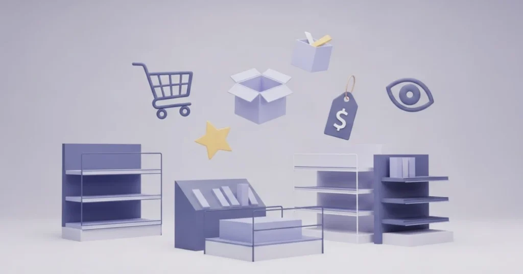 Minimal 3D retail display concept with shelves, checkout unit, and floating shopping symbols representing visibility, pricing, and impulse buying.