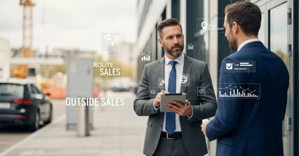 Outside sales representative meeting a client face-to-face on-site while reviewing route and CRM data on a tablet.