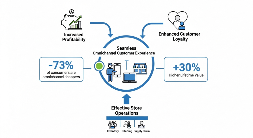 Diagram illustrating how effective store operations enable a seamless omnichannel customer experience, leading to increased profitability and higher customer lifetime value.