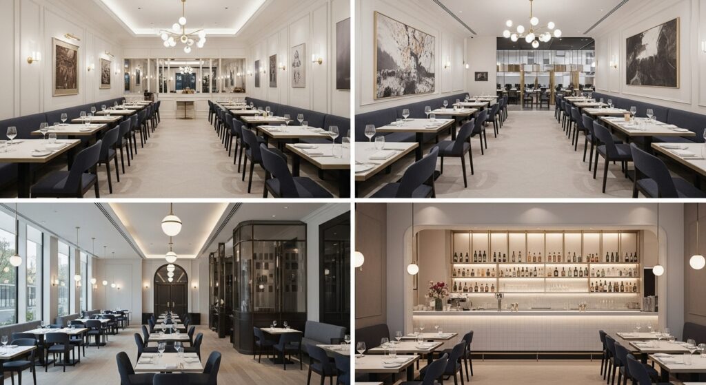 Şık ve düzenli bir restoranın yemek alanı ve bar bölümünü gösteren iç mekân görünümü